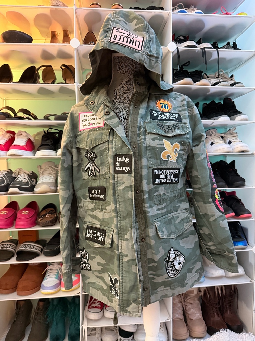 Women’s Camouflage oversized Custom Made Patch Hooded Jacket - New size Small